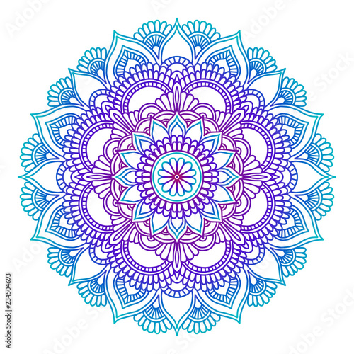 Gradient mandala. Circle ethnic ornament. Hand drawn traditional indian round element. Spiritual meditation yoga henna theme. Unique print. Template for design.