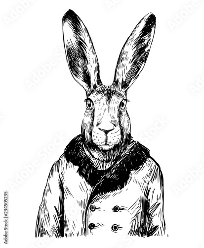 Sketch of rabbit in winter jacket. Hand drawn vector illustration