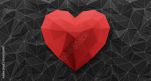 Black low poly background with red heart. 3d rendering.