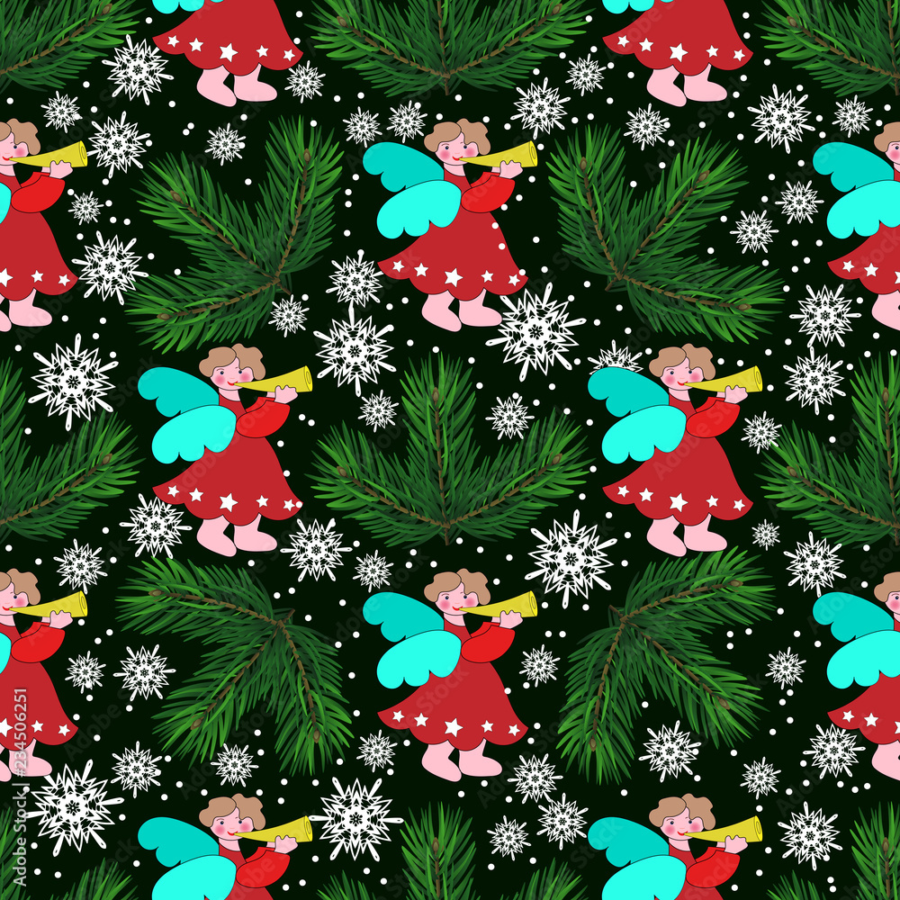 Seamless pattern for Christmas packaging, textiles,  holiday symbols illustration. wrapper or cover. cute angels and christmas trees