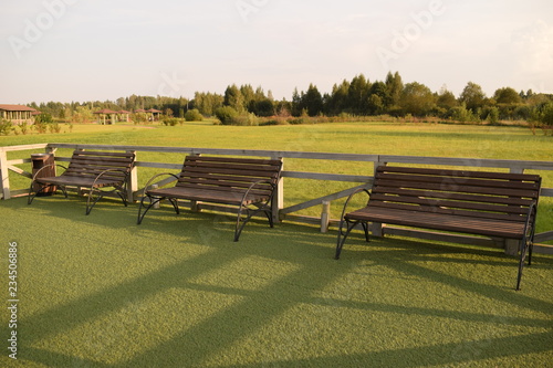 Wooden benches on a green field in the summer forest waiting for dreamers.