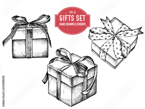 Vector collection of hand drawn black and white gift boxes