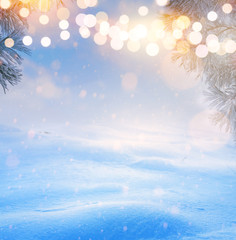 art Christmas tree light; Blue Snowy winter Christmas Landscape