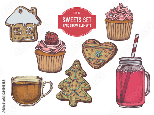 Vector collection of hand drawn colored  gingerbread, cupcakes, jars, tea cup