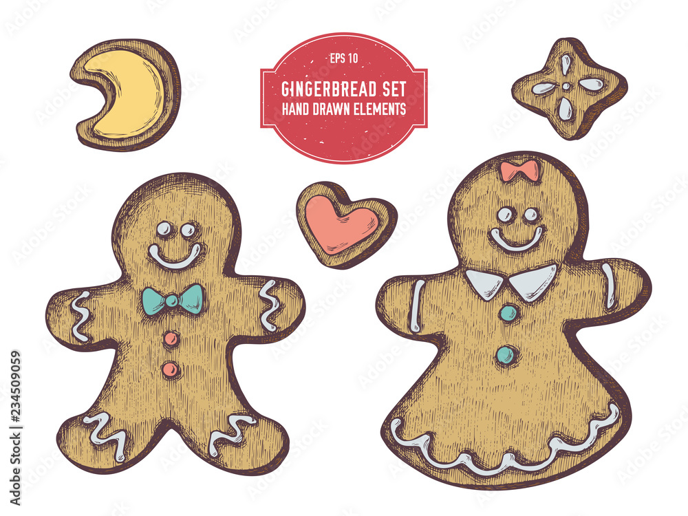 Naklejka premium Vector collection of hand drawn colored gingerbread, gingerbread men