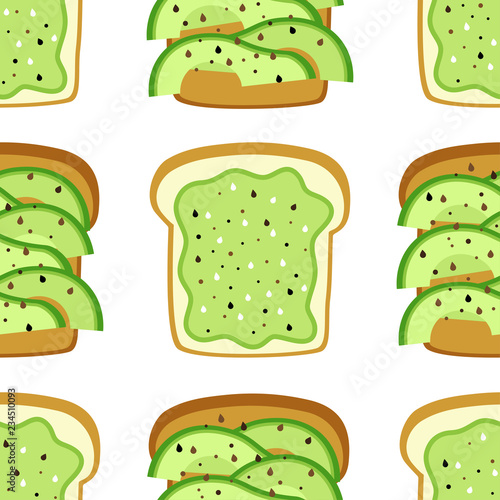Seamless pattern with perfect avocado toast as bread with slices and sandwich with mixed avocado and sesame seeds