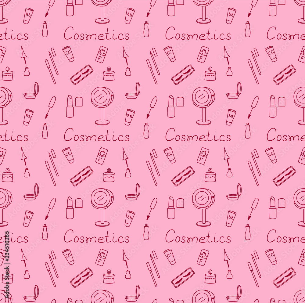 Seamless pattern of cosmetics vector illustration sketch colored pink