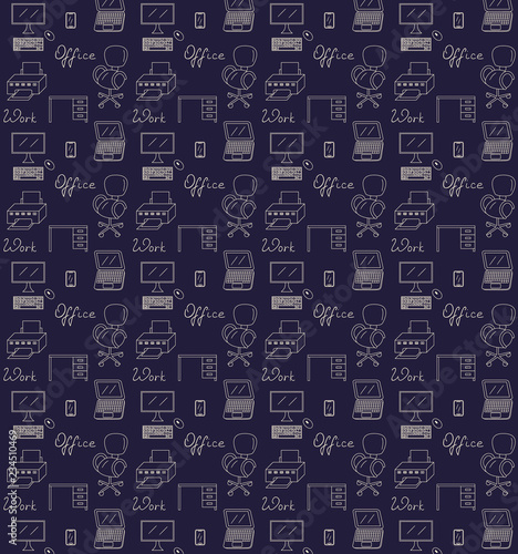 Seamless pattern of office vector illustration sketch colored dark blue