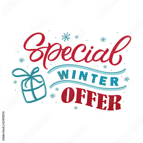 Hand drawn lettering card.Chritmas postcard. The inscription: special winter offer. Perfect design for greeting cards, posters, T-shirts, banners, print invitations.