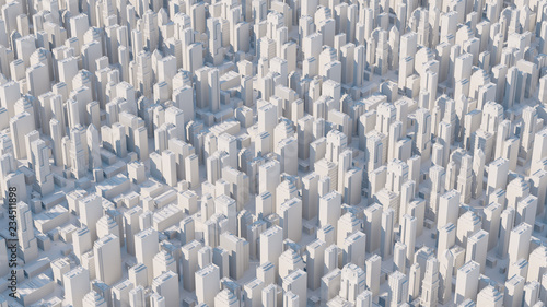 3d abstract city rendered with long focal length camera. City with skyscrapers. Simple elegant city massive with daylight.