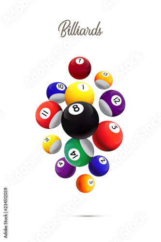 Different billiard balls falling on white background. Vector billiard illustration.