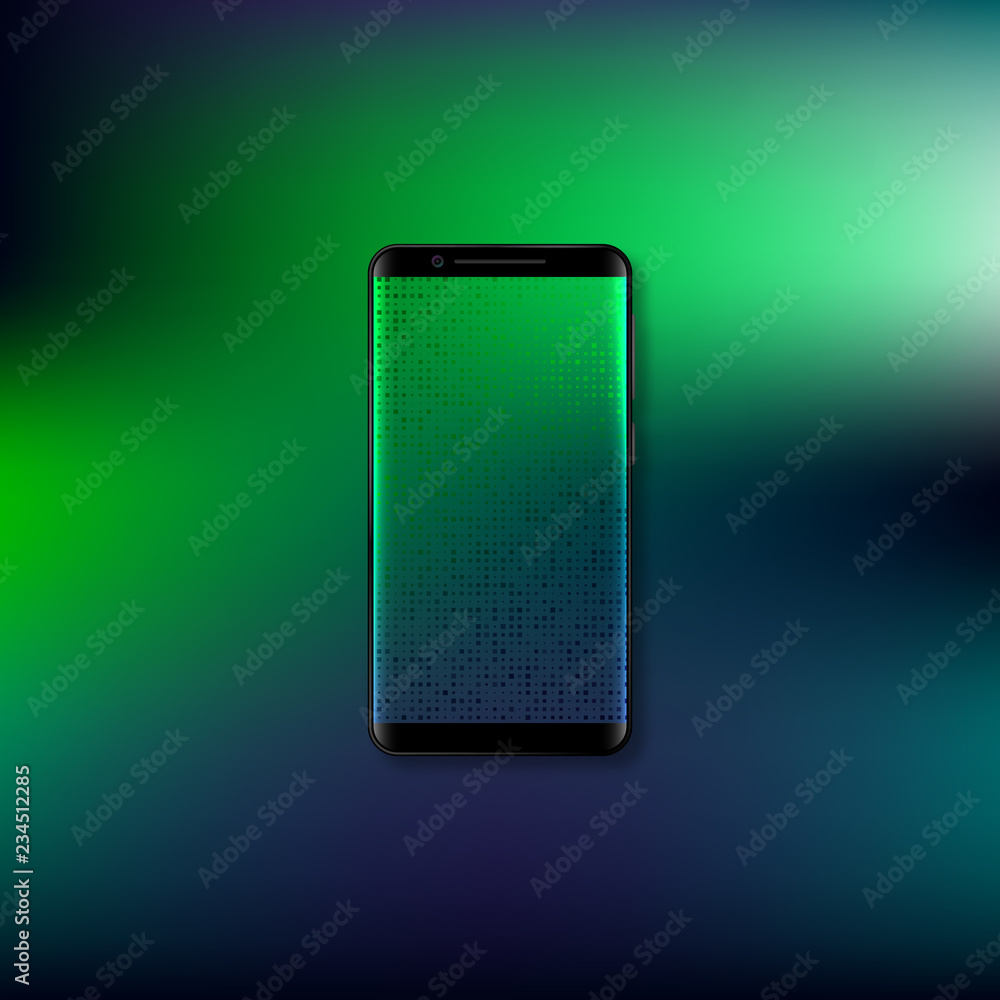 Realistic 3d mobile smartphone with gradient abstract background. Template with blur green, violet and blue colors. Vector illustration. Realistic 3d mobile smartphone with gradient abstract background. Template with blur green, violet and blue colors. Vector illustration.