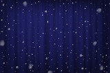 Snowfall on blue curtain background. Vector cinema, theater or circus poster template.