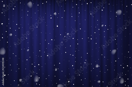 Snowfall on blue curtain background. Vector cinema, theater or circus poster template.