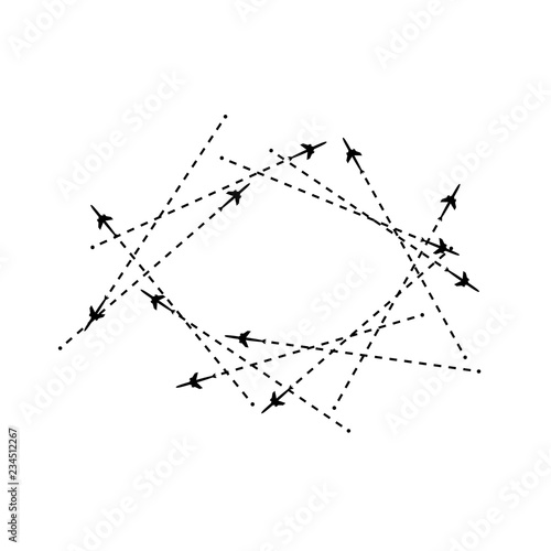 The airplane is in a dotted line. The flying apartment is black. and his track on a white background. The waypoint is for a tourist trip