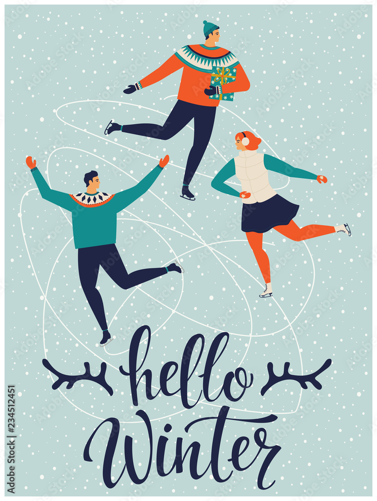 People are skating together. Hello winter. Vector illustration.