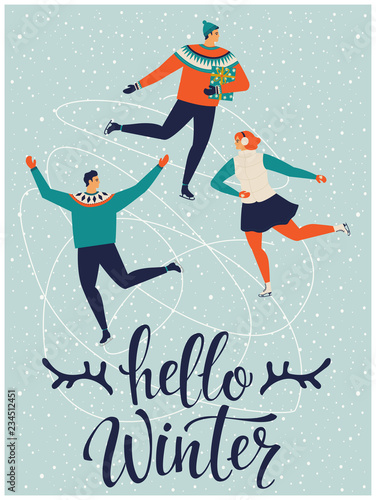 People are skating together. Hello winter. Vector illustration.