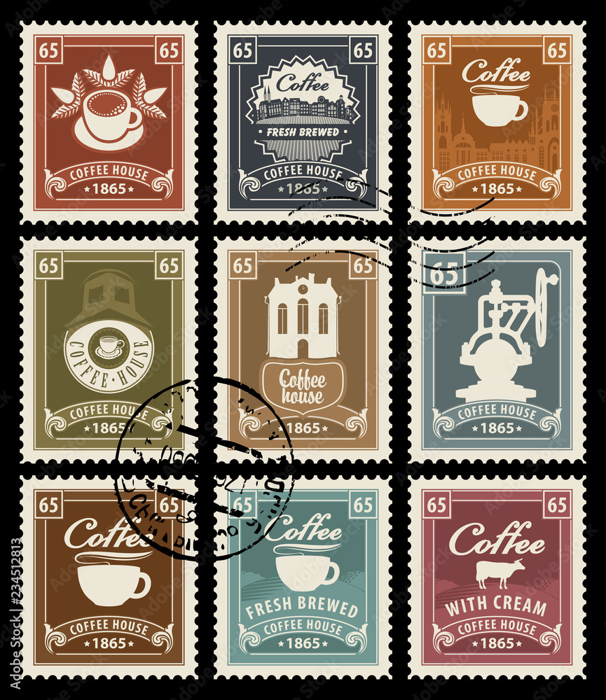Vector set of postage stamps on the theme of coffee in retro style with rubber stamps