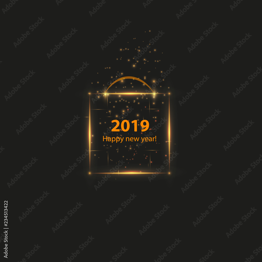 Christmas Party Poster with a glowing gold magical box. Happy 2019 New Year Flyer, Greeting Card, Invitation, Menu Design Template. Vector illustration. Boxes