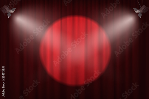 Spotlights on red curtain background. Vector cinema, theater or circus background.