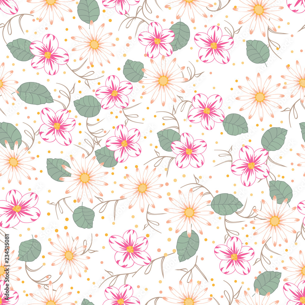 Seamless texture. Multicolor pattern of  flowers daisies and  leaves. Design for cover, wrapper, fabric or embroidery