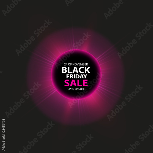 Black Friday sale and Total solar eclipse poster or banner. Glowing colorful circle with red light effect on black abstract background. Design template for shopping