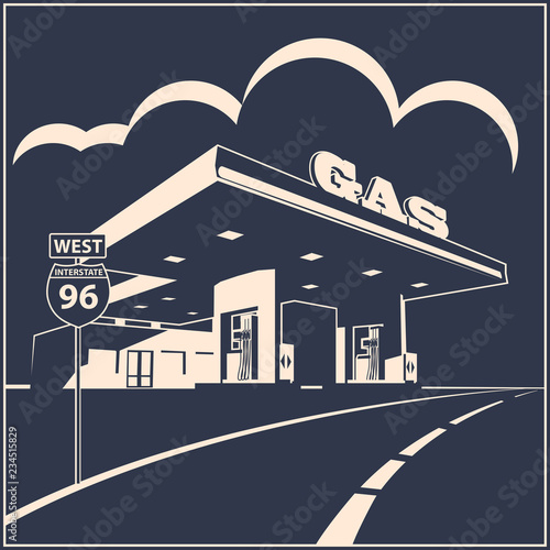 Gas station on the road poster