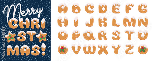 Handmade Christmas gingerbread cookies alphabet set. Cartoon style font. Art design letter. Festive lettering greeting card on winter snow background