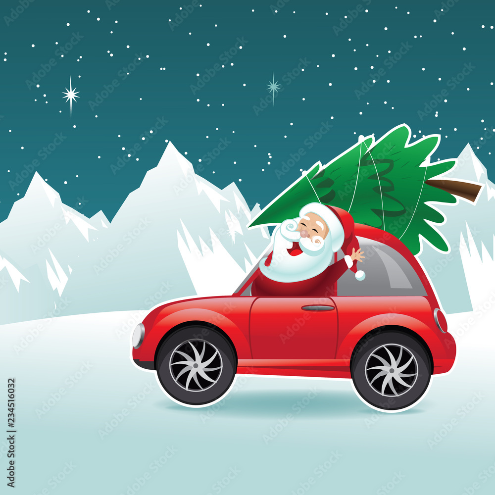 Cartoon Santa Claus driving a cute car with his new Christmas tree tied