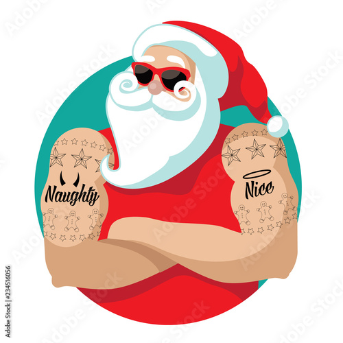 Cartoon Santa Claus muscle man with naughty and nice tattoos. Eps10 vector illustration.