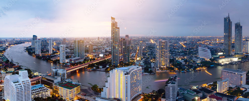 Panorama view Bangkok skyline Thailand And River landscape Bangkok Thailand  - obrazy, fototapety, plakaty 