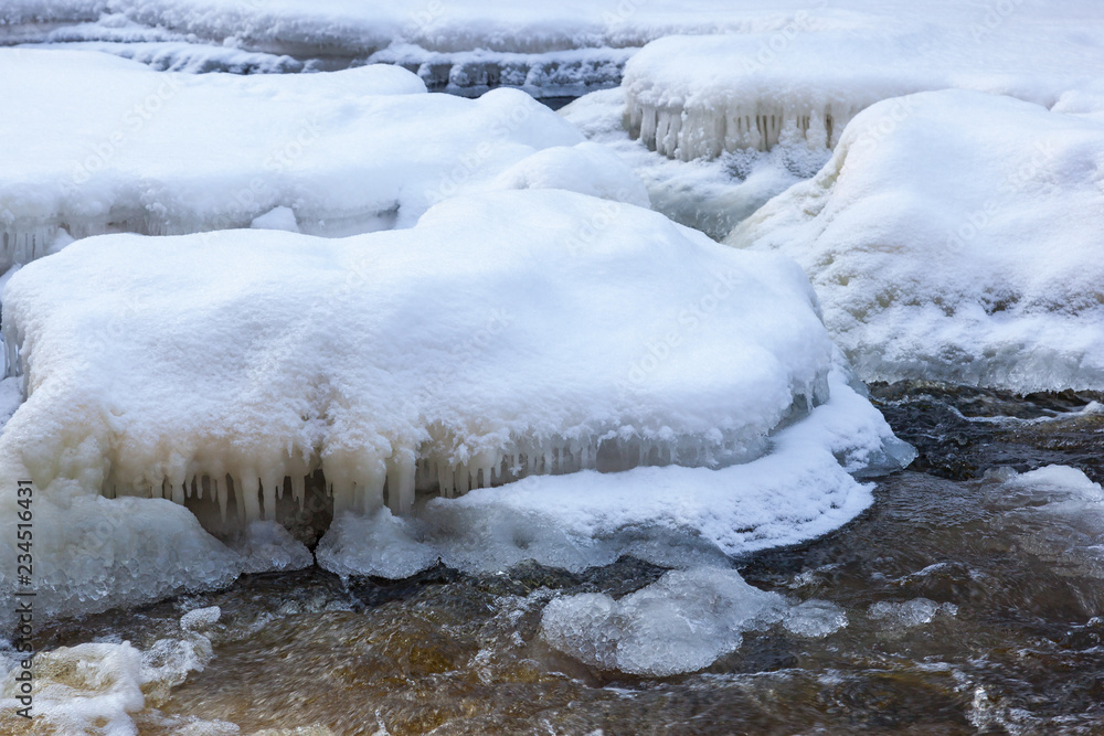 Running water in the frozen river Running water in the frozen river