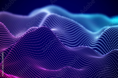 Abstract digital landscape or soundwaves with flowing particles. Big data technology background. Visualization of sound waves. Virtual reality concept: 3D digital surface. EPS 10 vector illustration.