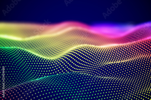 Abstract digital landscape or soundwaves with flowing particles. Big data technology background. Visualization of sound waves. Virtual reality concept: 3D digital surface. EPS 10 vector illustration. photo