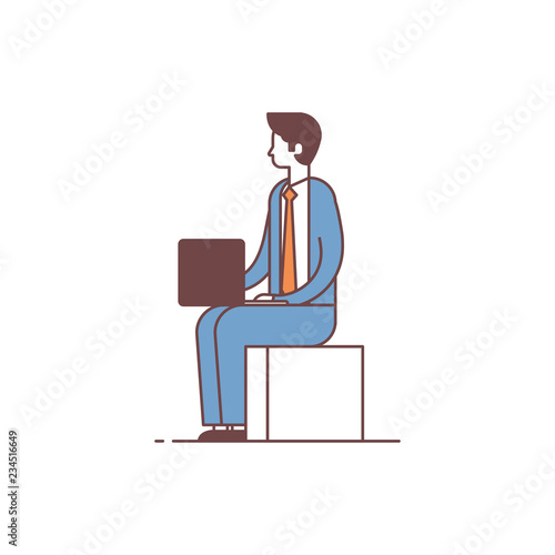 businessman sitting pose using laptop business man office worker male cartoon character full length line