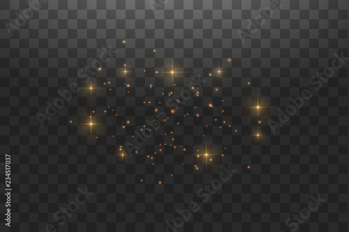 Gold star dust trail sparkling particles isolated on transparent background. Vector gold glitter wave illustration.