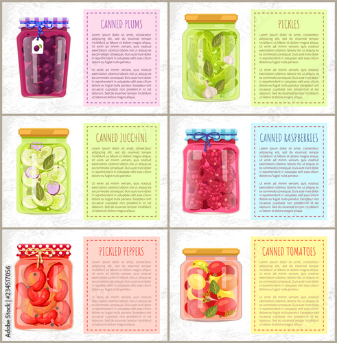 Canned Plums and Pickles Set Vector Illustration
