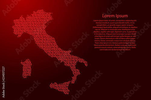 Italy map abstract schematic from red ones and zeros binary digital code for banner, poster, greeting card. Vector illustration.