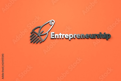 Text Entrepreneurship with dark grey 3D illustration and orange background