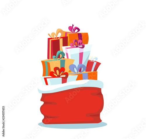 Red Santa Claus bag with christmas presents on white background. Multicolored gift boxes are beautifully decorated with ribbons and bows. Flat cartoon style vector illustration.