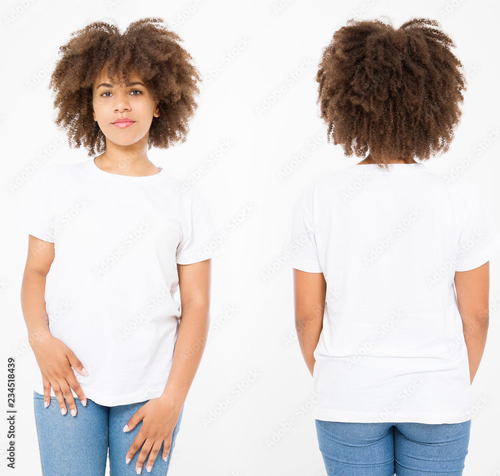 Shirts set. Summer t shirt design and close up of young afro american woman in blank template white t-shirt. Mock up. Copy space. Curly hair. front and back view. Shirts set. Summer t shirt design and close up of young afro american woman in blank template white t-shirt. Mock up. Copy space. Curly hair. front and back view.