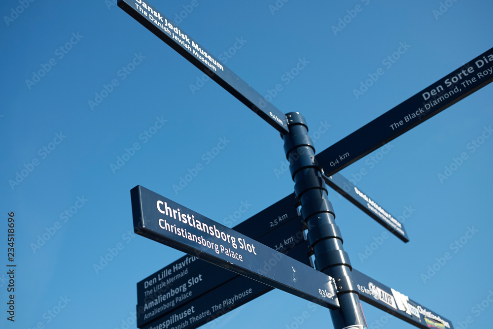Fototapeta premium Copenhagen, Denmark - October 10, 2018: Touristic directions in Copenhagen