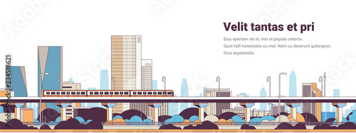 subway train over modern city panorama high skyscrapers cityscape background horizontal banner line copy space