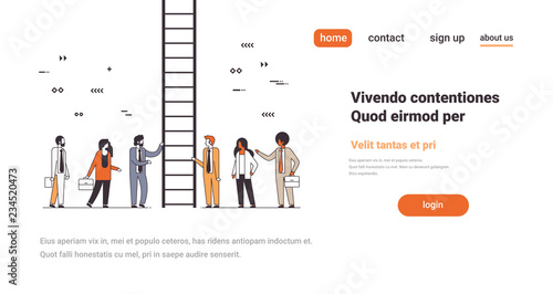 business people near staircase climbing career ladder concept way up new opportunities successful teamwork line copy space horizontal