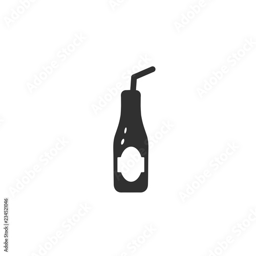 Vector illustration of narrow beer, cocktail bottle with tube in black color with white labels. White background