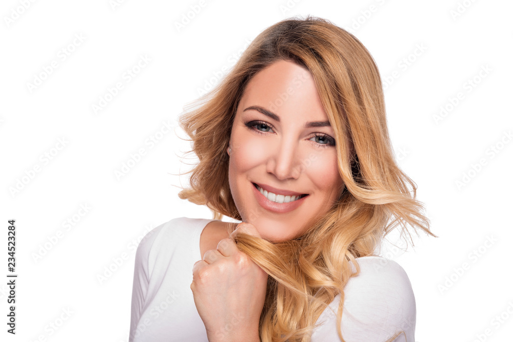Blonde hair model woman. Female portrait. Studio shot. Blonde hair model woman. Female portrait. Studio shot.