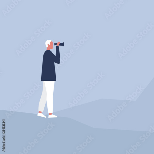 Young male character looking through the binoculars. Strategic vision. Planning. Looking for an opportunity