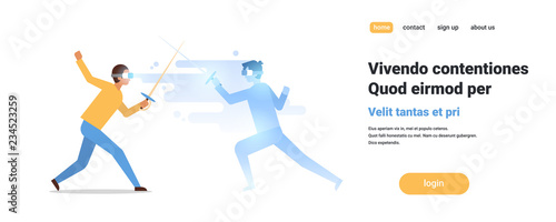 man fencer wear digital glasses fighting with virtual reality opponent fencing athlete vr vision headset innovation concept isolated flat horizontal copy space