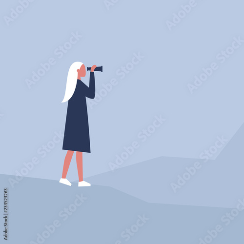 Young female character looking through the binoculars. Strategic vision. Planning. Looking for an opportunity