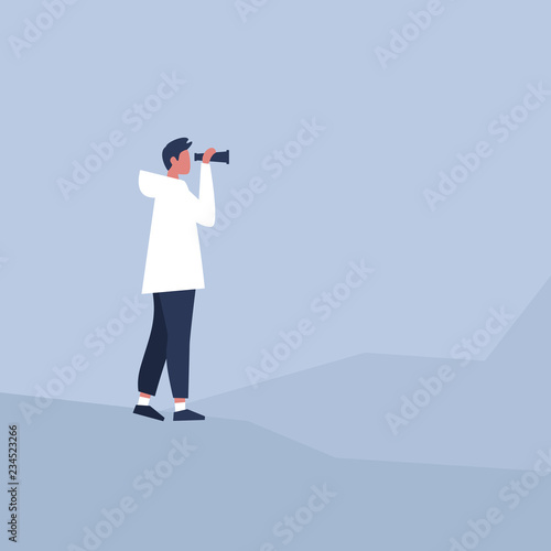 Young male character looking through the binoculars. Strategic vision. Planning. Looking for an opportunity